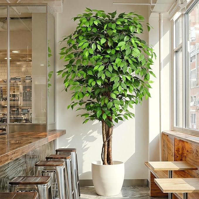 7ft Large Ficus Artificial Trees with Natural Curved Trunks, 84″ Tall Lush Faux Tree for Home Decor Indoor, Green Lifelike Fake Ficus Tree Artificial Plants in Pot(Set of 2) - Image 1