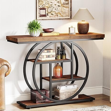 Tribesigns 41.3″ Console Table, Industrial 4-Tier Sofa Table Entryway Table with Circle Base, Narrow Wood Accent Tables with Storage Shelves for Living Room, Hallway, Foyer, Rustic Brown - Image 1