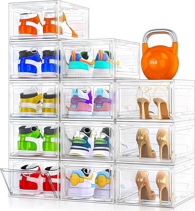 12 Pack Clear Shoe Storage Organizer with Magnetic Door,Stackable Plastic Shoe Boxes for Sneakers,Boots,and Heels,Space-Saving Foldable Shoe Rack for Closet,Durable Shoe Cabinet Organizer,White - Image 1