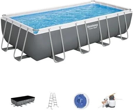 Bestway Power Steel 18′ x 9′ x 48″ Rectangular Metal Frame Above Ground Outdoor Swimming Pool Set with 1,500 GPH Filter Pump, Ladder, and Pool Covers - Image 1