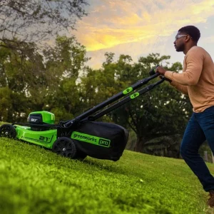 Greenworks 80V 21” Lawn Mower, 13” String Trimmer, and 730 Leaf Blowers. - Image 3